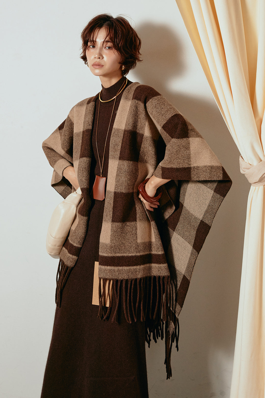 [SET]裾フリンジ柄ポンチョアウター+ノースリーブニットロングワンピース(2set)