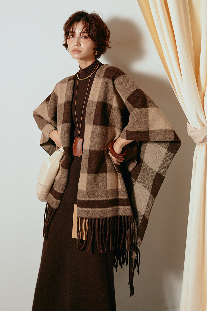 [SET]裾フリンジ柄ポンチョアウター+ノースリーブニットロングワンピース(2set)