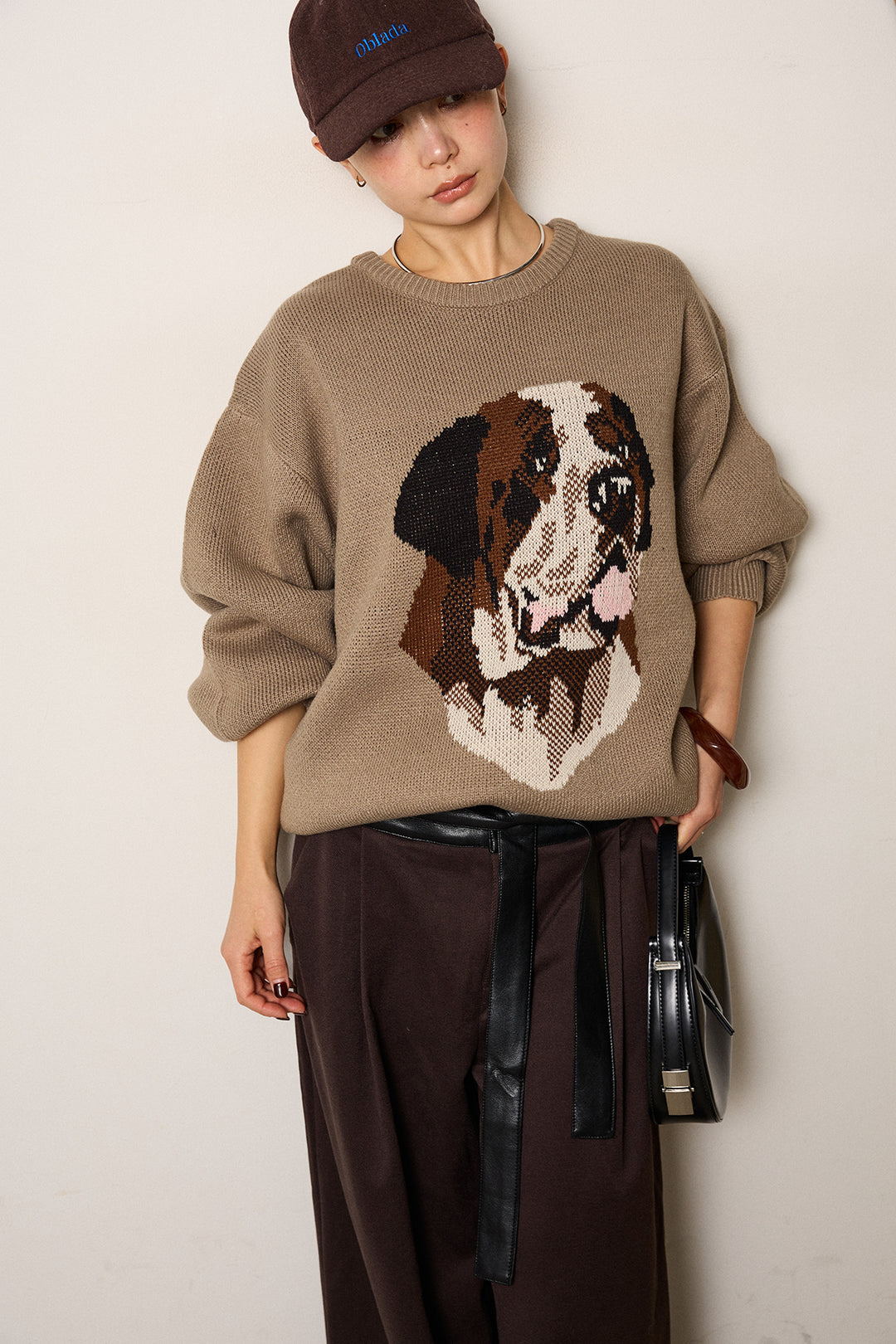 [SET]アニマルジャガード柄ニットトップス+巻ベルトウエストレザーライクワイドパンツ(2set)