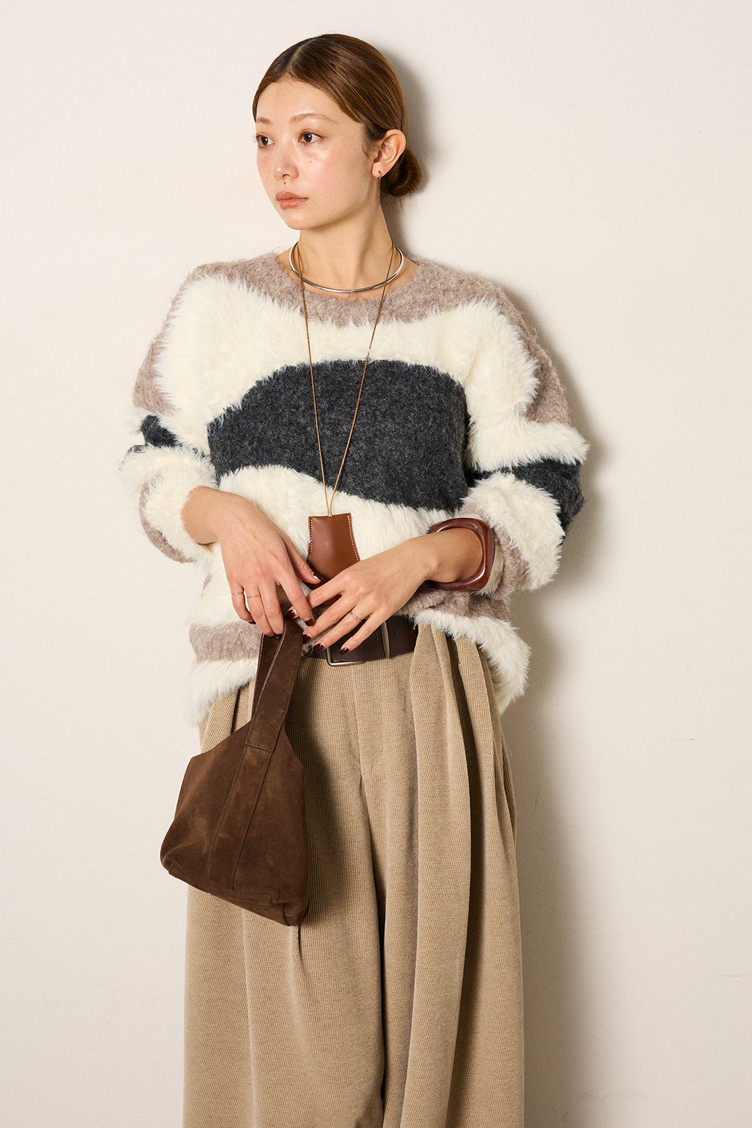 [SET]シャギーウェーブ柄クルーネックニットトップス+ベルトループコーデュロイワイドパンツ(2set)