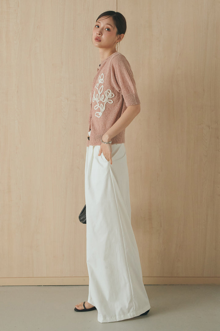 [SET]フロントテープデザイン半袖カーディガン+ベルトループデザインハイウエストタックパンツ(2set)