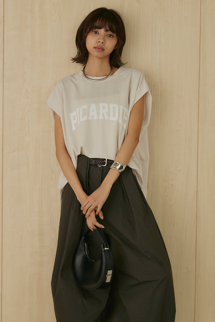 [SET]接触冷感ラウンドヘムプリントプルオーバー+ニーサイドタックボリュームカーブパンツ(2set)