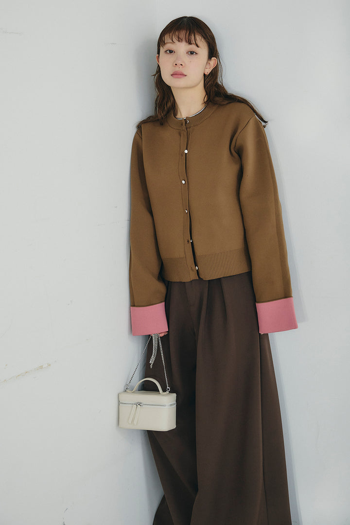 [SET]リバーシブル配色ニットカーディガン+ベルト付きツータックワイドパンツ(2set)