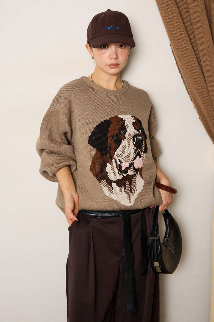 [SET]アニマルジャガード柄ニットトップス+巻ベルトウエストレザーライクワイドパンツ(2set)