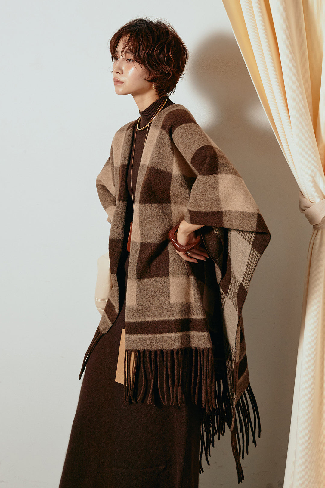 [SET]裾フリンジ柄ポンチョアウター+ノースリーブニットロングワンピース(2set)