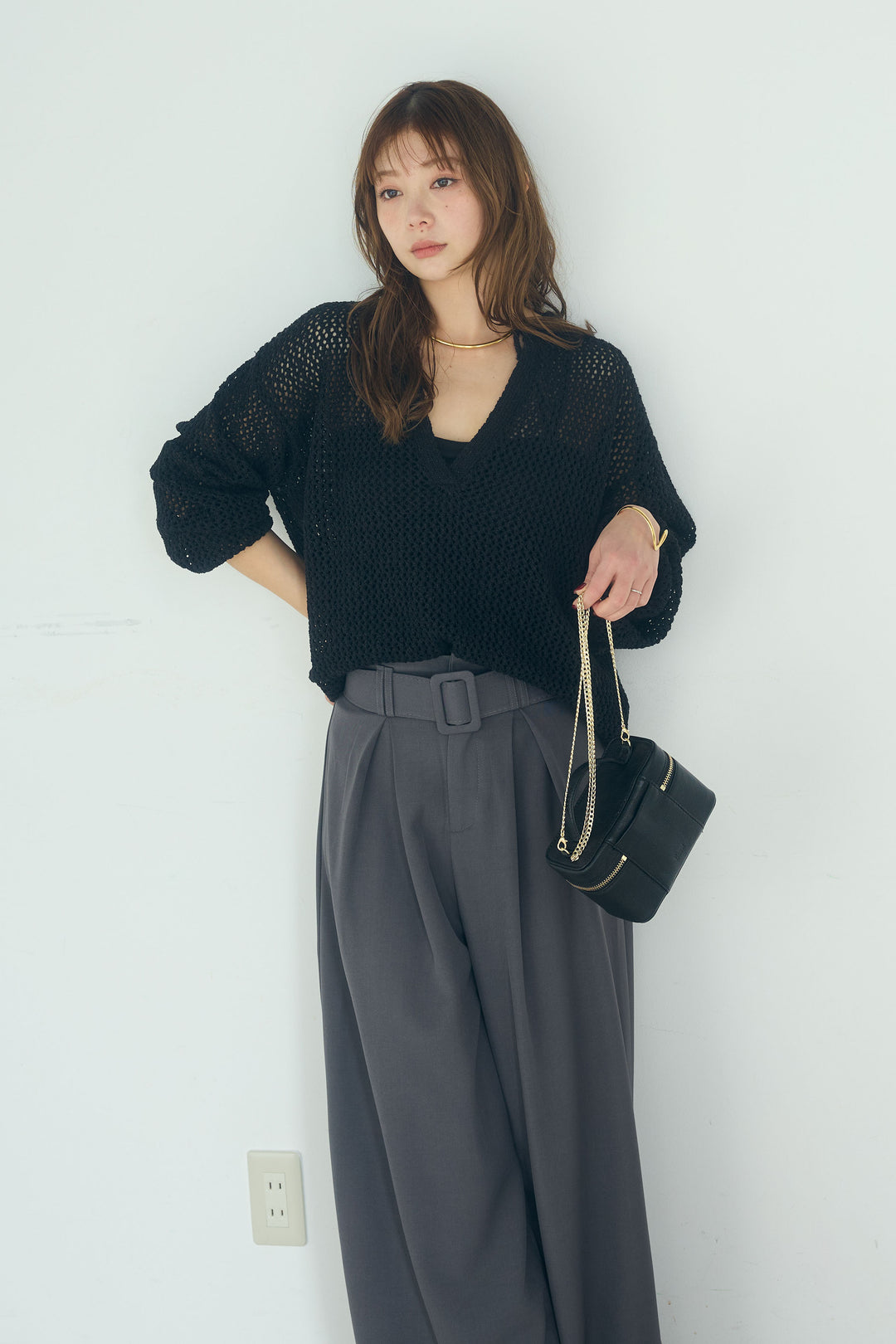 【即納】ミックスメッシュキーネックプルオーバー