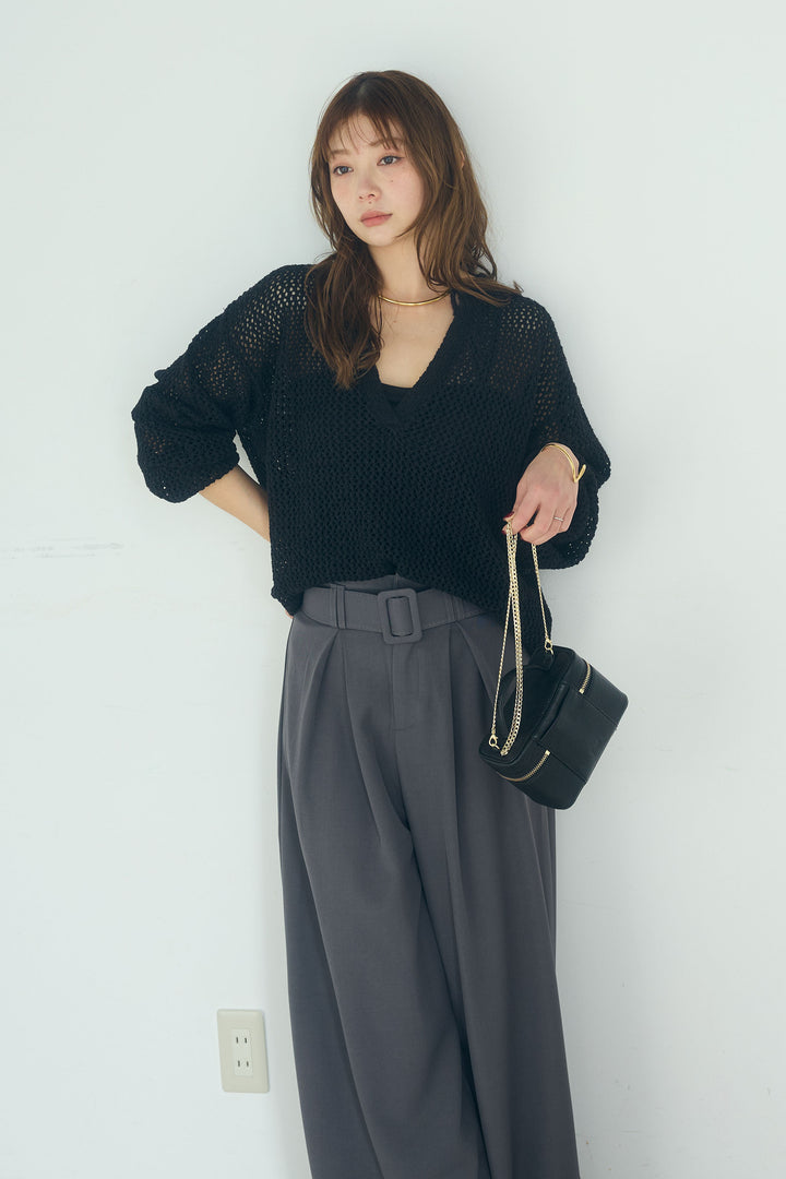 【即納】ミックスメッシュキーネックプルオーバー
