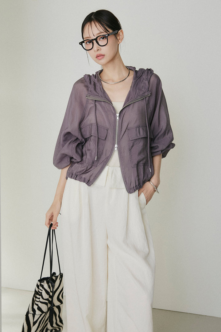 [SET]裾ドロストシアーWジップフーディーブルゾン+ウエスト折り返しワイドパンツ(2set)