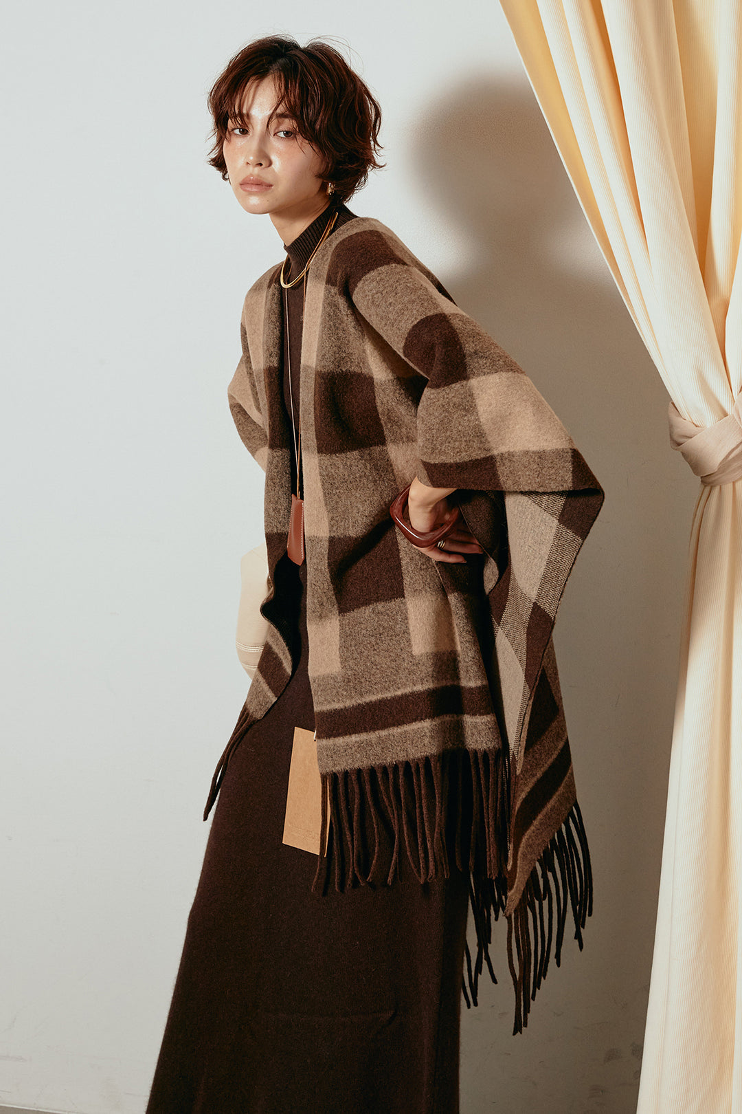 [SET]裾フリンジ柄ポンチョアウター+ノースリーブニットロングワンピース(2set)