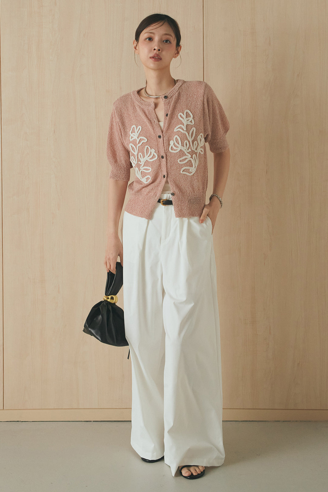 [SET]フロントテープデザイン半袖カーディガン+ベルトループデザインハイウエストタックパンツ(2set)