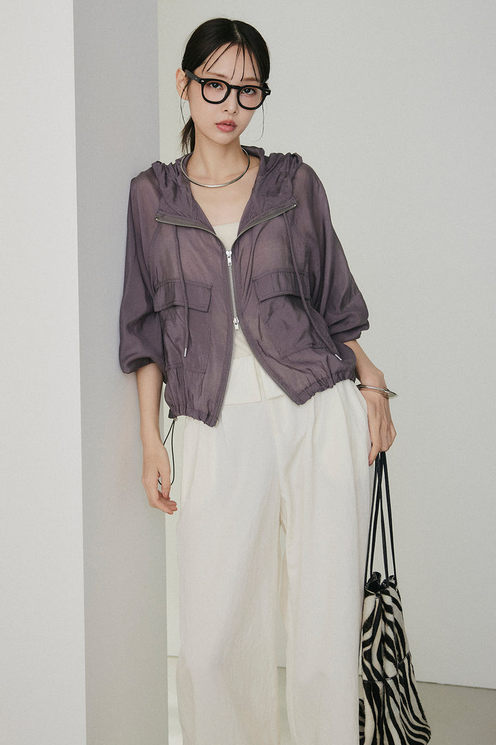 [SET]裾ドロストシアーWジップフーディーブルゾン+ウエスト折り返しワイドパンツ(2set)
