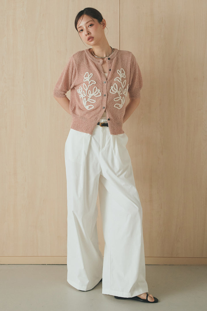 [SET]フロントテープデザイン半袖カーディガン+ベルトループデザインハイウエストタックパンツ(2set)