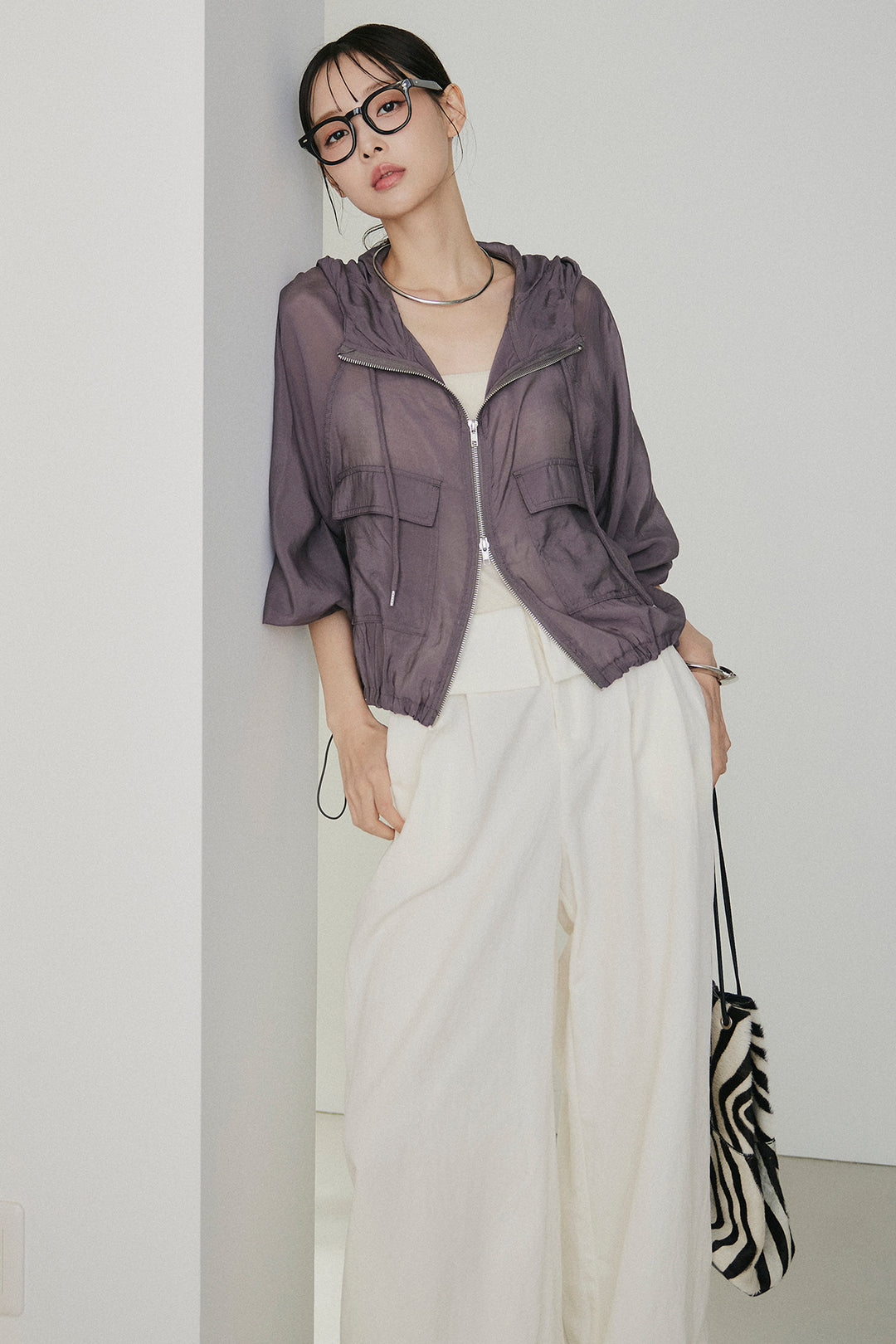 [SET]裾ドロストシアーWジップフーディーブルゾン+ウエスト折り返しワイドパンツ(2set)