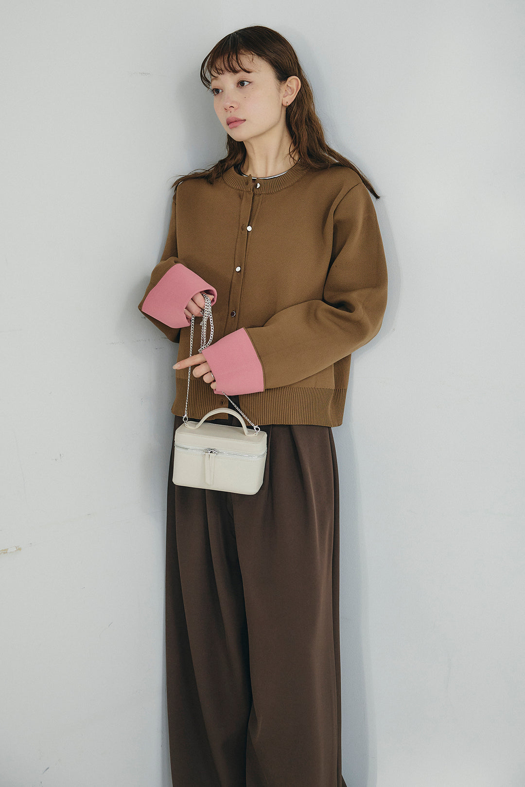 [SET]リバーシブル配色ニットカーディガン+ベルト付きツータックワイドパンツ(2set)