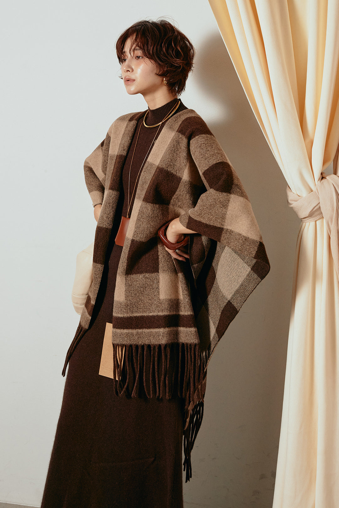 [SET]裾フリンジ柄ポンチョアウター+ノースリーブニットロングワンピース(2set)