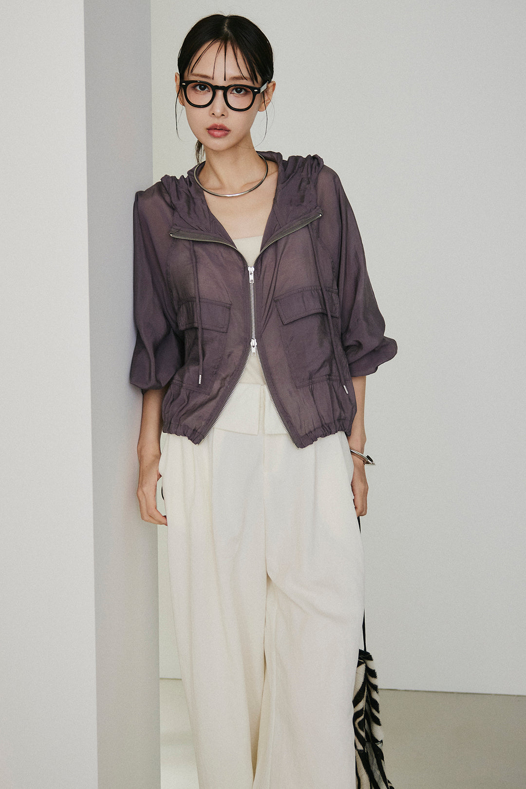 [SET]裾ドロストシアーWジップフーディーブルゾン+ウエスト折り返しワイドパンツ(2set)