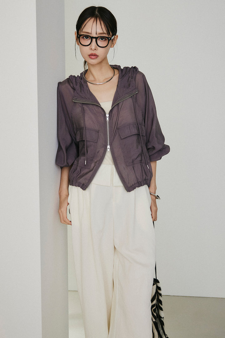 [SET]裾ドロストシアーWジップフーディーブルゾン+ウエスト折り返しワイドパンツ(2set)