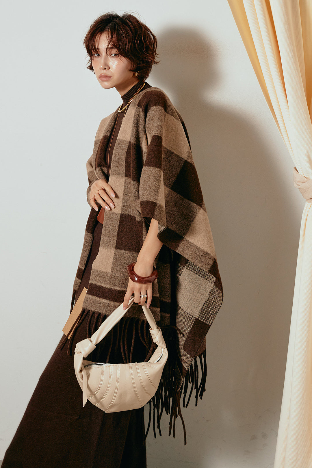 [SET]裾フリンジ柄ポンチョアウター+ノースリーブニットロングワンピース(2set)