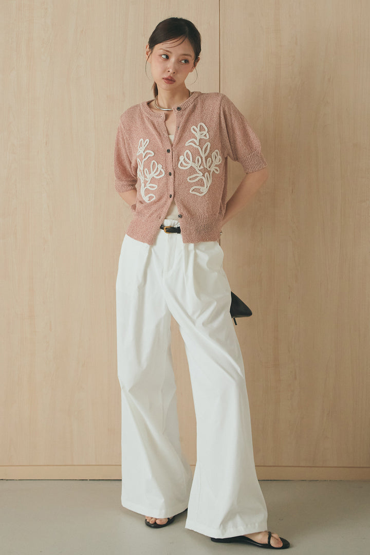 [SET]フロントテープデザイン半袖カーディガン+ベルトループデザインハイウエストタックパンツ(2set)