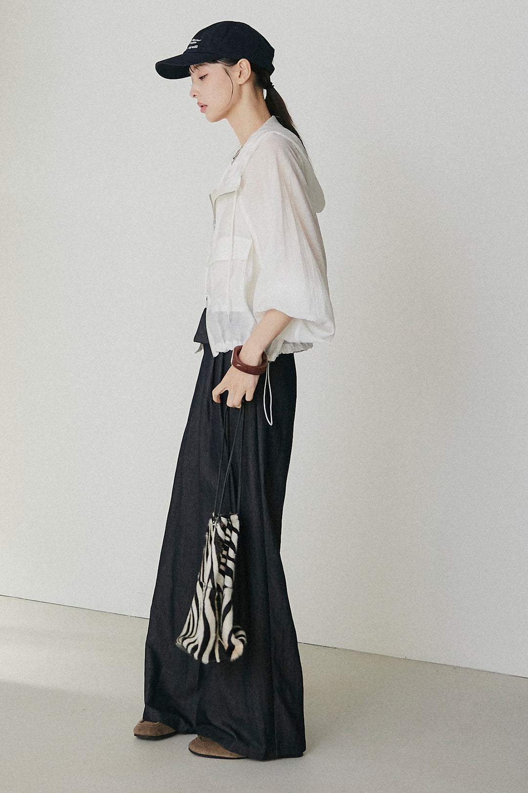 [SET]裾ドロストシアーWジップフーディーブルゾン+ウエスト折り返しワイドパンツ(2set)