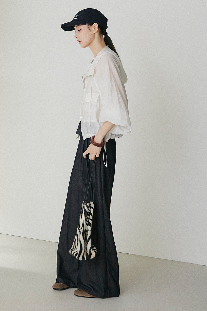 [SET]裾ドロストシアーWジップフーディーブルゾン+ウエスト折り返しワイドパンツ(2set)