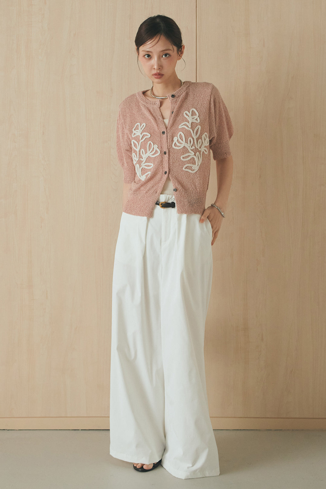 [SET]フロントテープデザイン半袖カーディガン+ベルトループデザインハイウエストタックパンツ(2set)