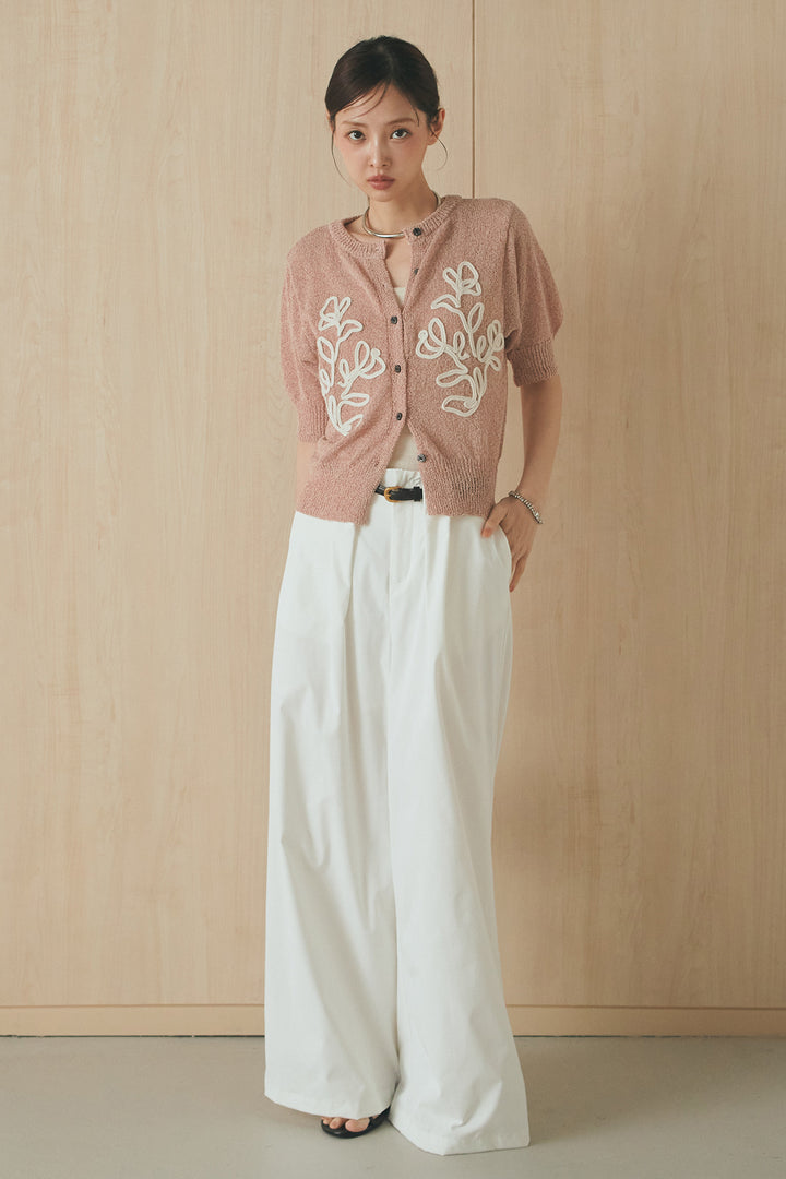 [SET]フロントテープデザイン半袖カーディガン+ベルトループデザインハイウエストタックパンツ(2set)
