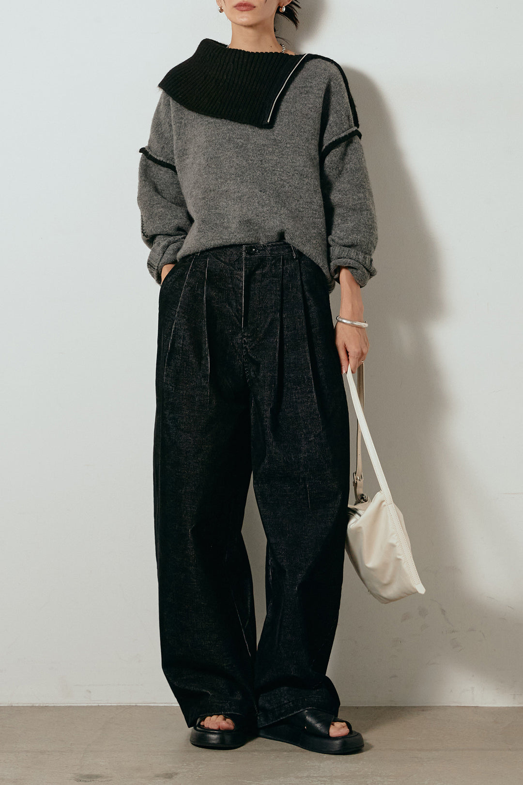 [SET]ハイネックジップデザインニットトップス+フロントタック入りコーデュロイパンツ(2set)