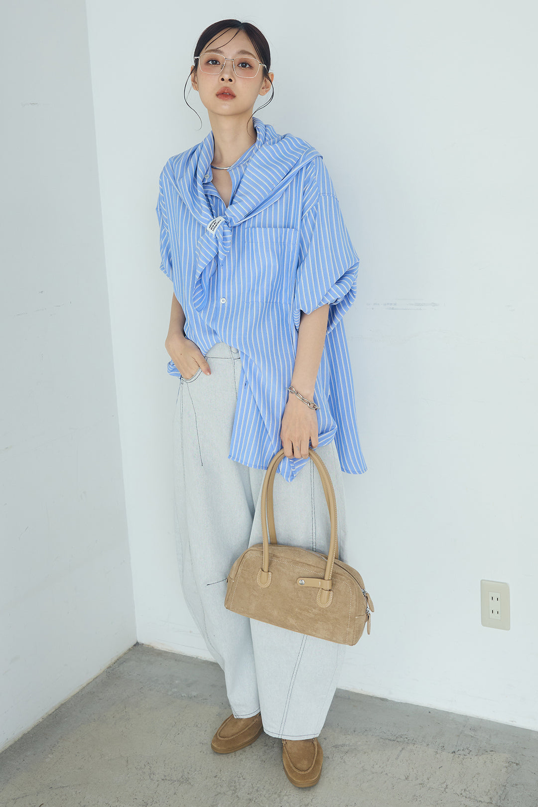 [SET]レーヨンストライプスカーフ+ツイル配色ステッチバレルパンツ+レーヨンストライプバンドカラー長袖シャツ(3set)