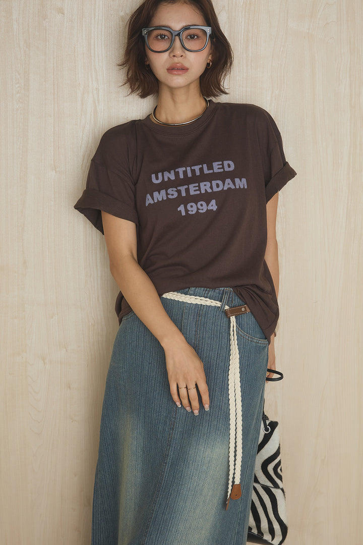 [SET]英字フロントロゴプリントTシャツ+ベルト付きデニムタイトスカート(2set)