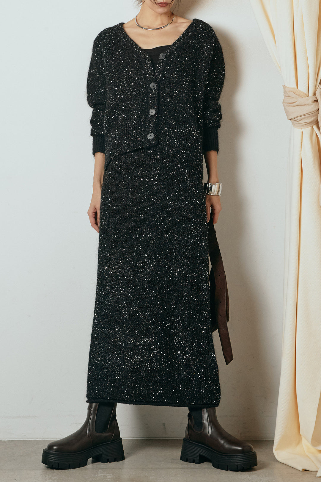 [SET]ミニラメニットカーディガン+ミニラメニットスカート(2set)