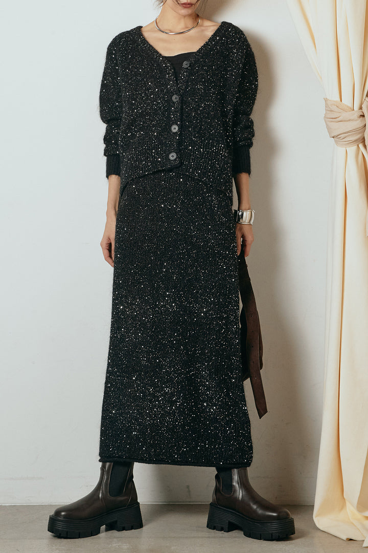 [SET]ミニラメニットカーディガン+ミニラメニットスカート(2set)