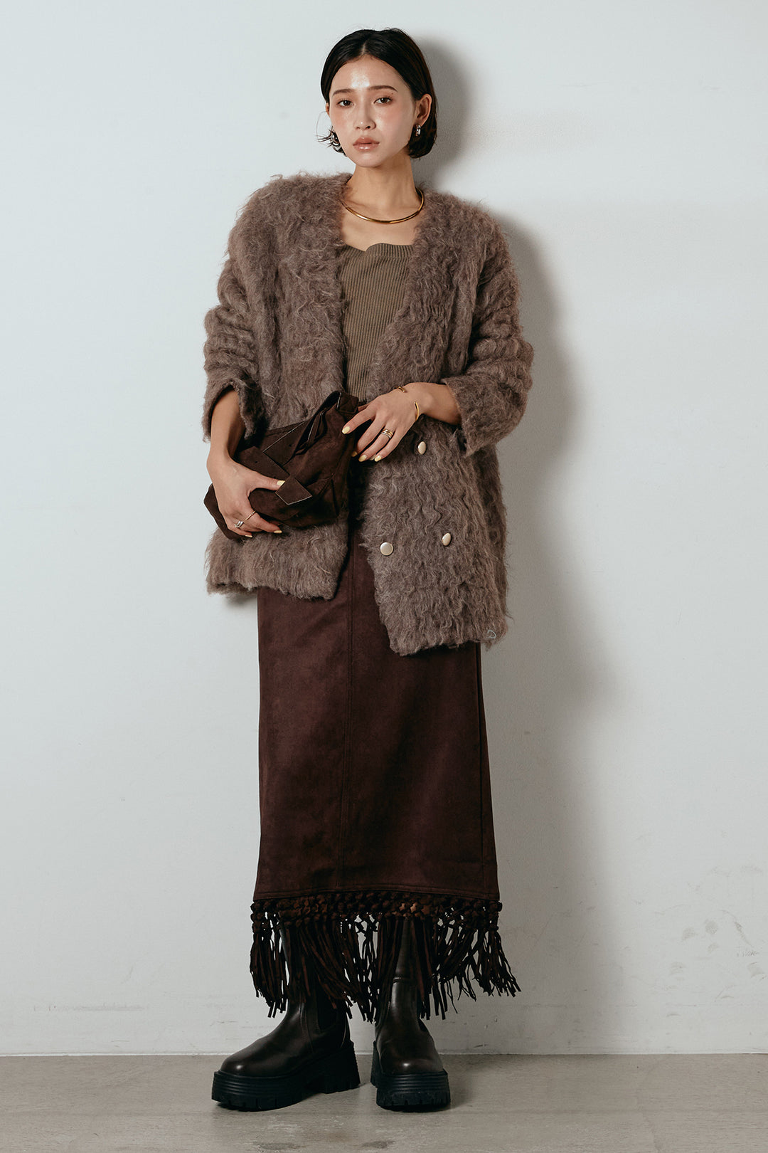 [SET]ウェーブシャギーニットジャケット+スウェードライク裾フリンジスカート(2set)