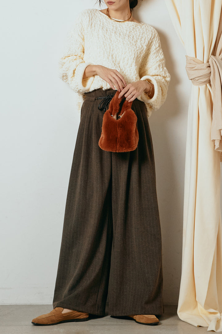 [SET]ボリューム編みニットプルオーバー+編みベルト付きピンストライプワイドパンツ(2set)