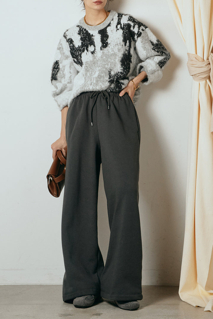 [SET]起毛ニュアンス柄ニットプルオーバー+裏起毛スウェットワイドパンツ(2set)