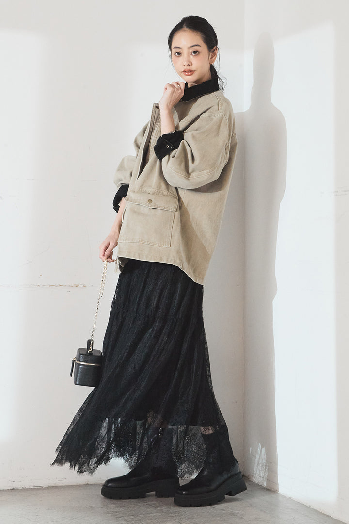 [SET]襟コーデュロイデザインデニム調カバーオール+ひげレース切替ロング丈スカート(2set)