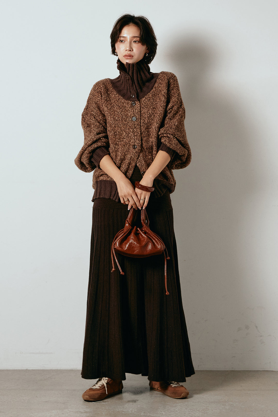 [SET]ハイネックミックスニットカーディガン+編み地切り替えフレアニットスカート(2set)