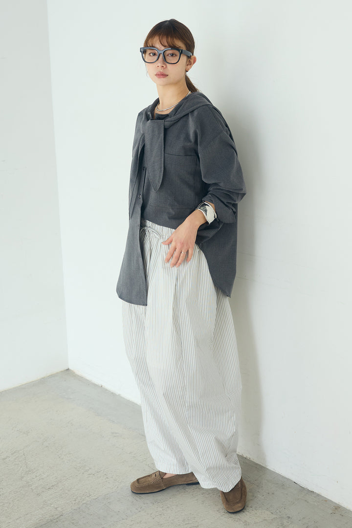 [SET]無地タイ付フーディーBIGシャツ+ランダムストライプタックギャザーパンツ(2set)