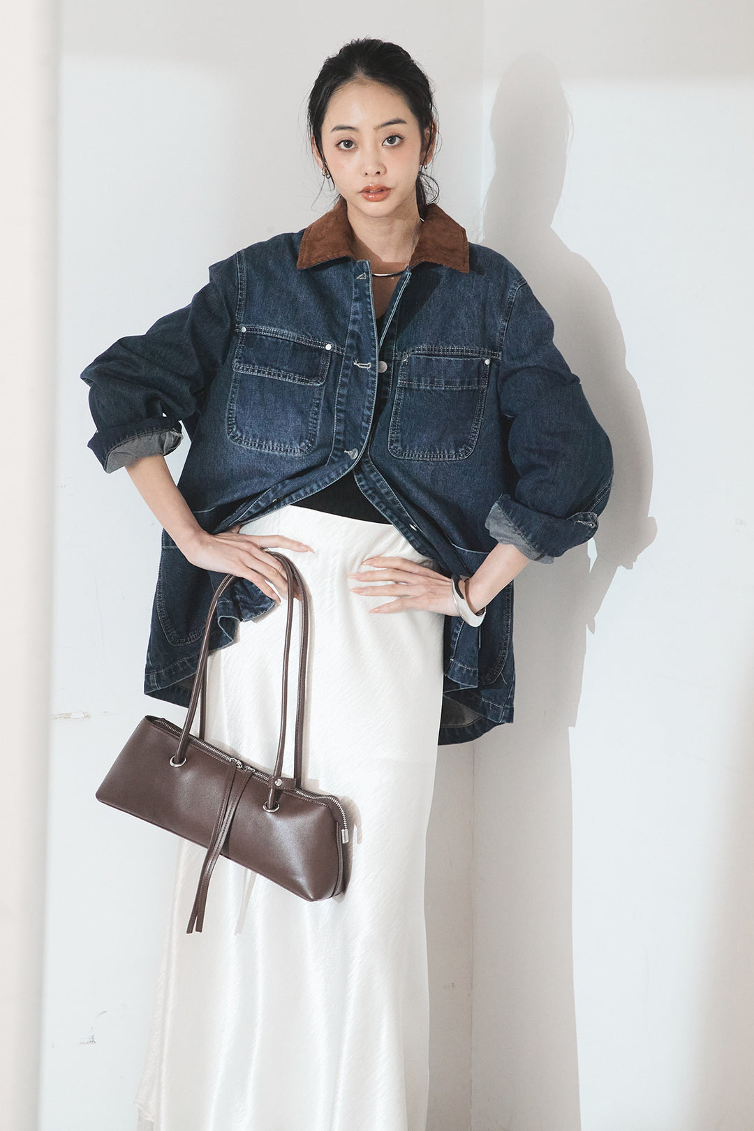 [SET]襟コーデュロイデニムカバーオール+裾レースデザインサテンスカート(2set)