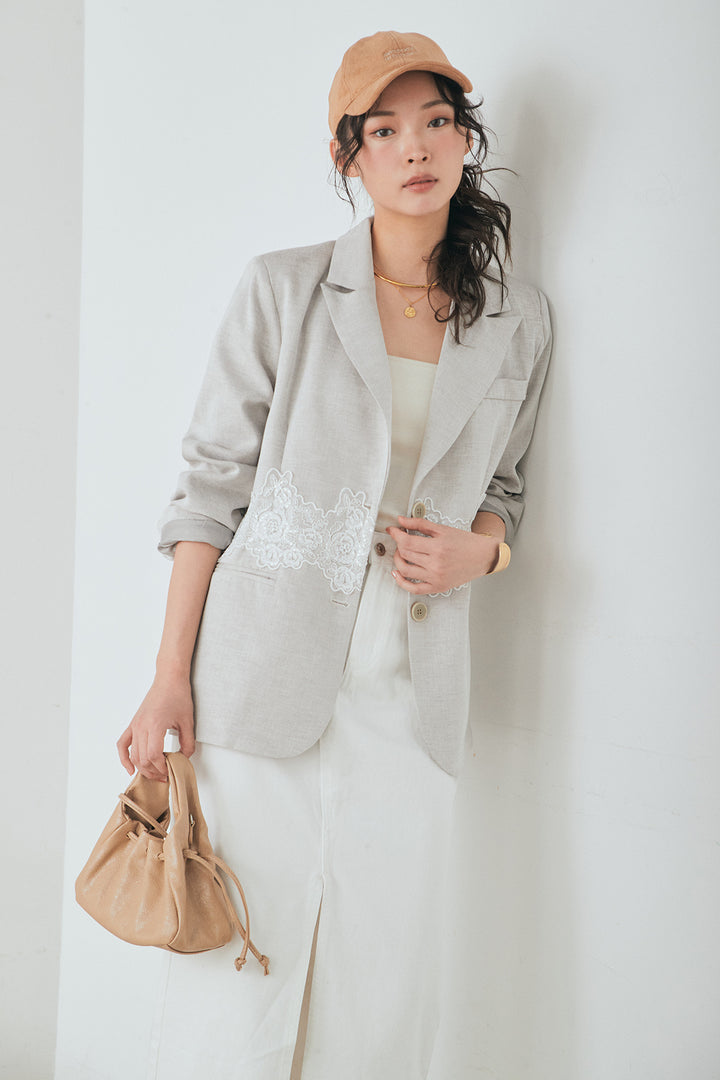 [SET]リネンタッチレースデザインジャケット+裾レースデザインデニムスカート(2set)