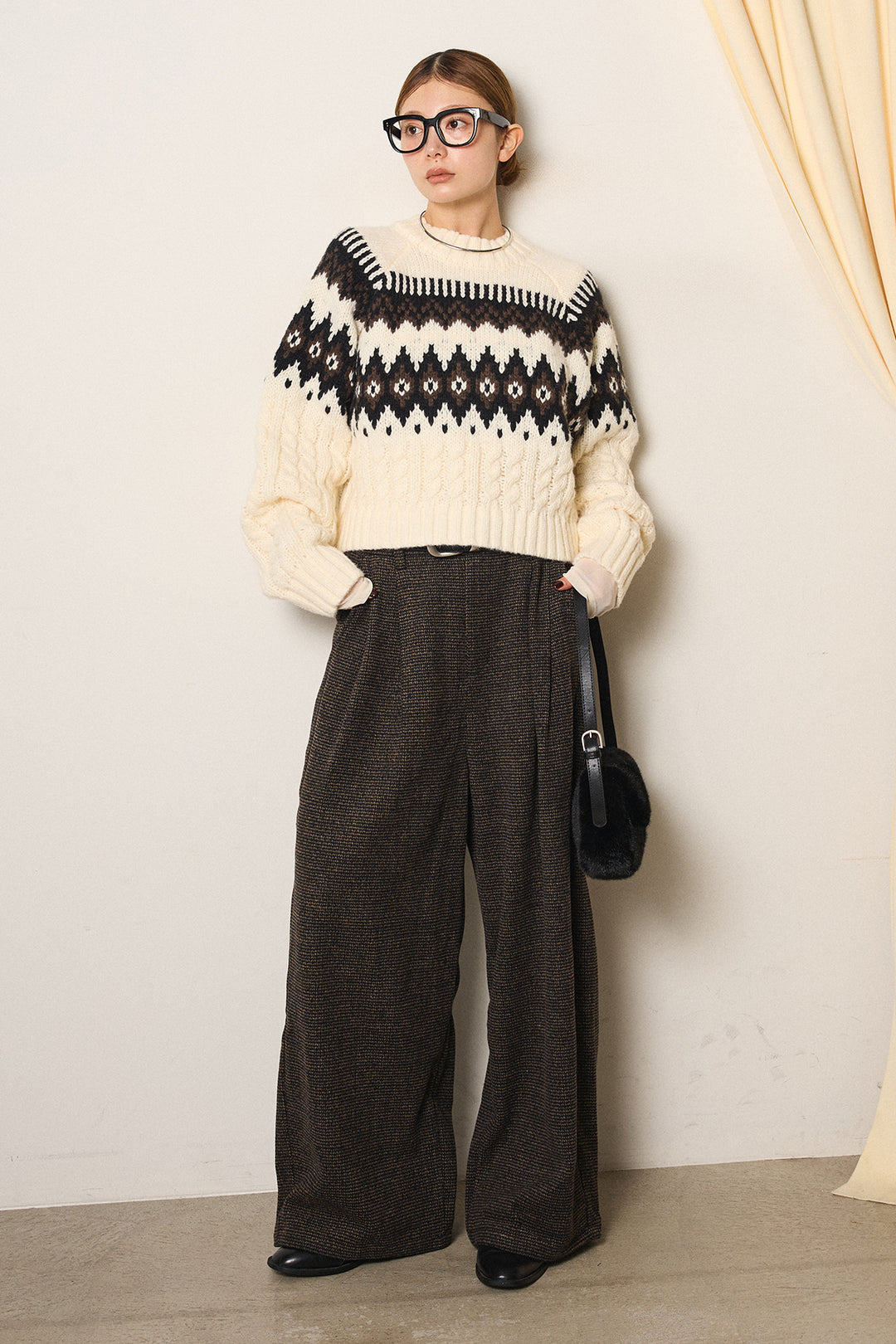 [SET]2WAY求心柄ジャガードショートカーディガン+起毛タック入りツイードワイドパンツ(2set)