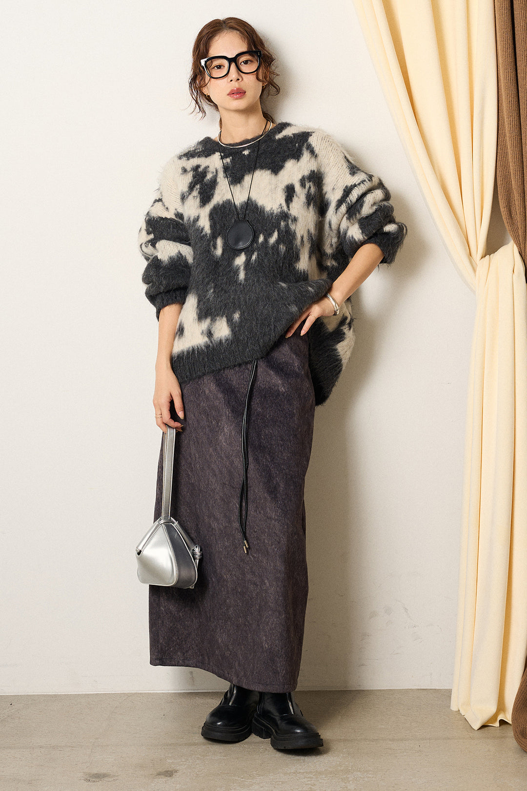 【着回しセット】[SET]モヘアタッチマーブルニット+タック入りコーデュロイワイドパンツ+ロープベルト付きスウェード調スカート(3set)