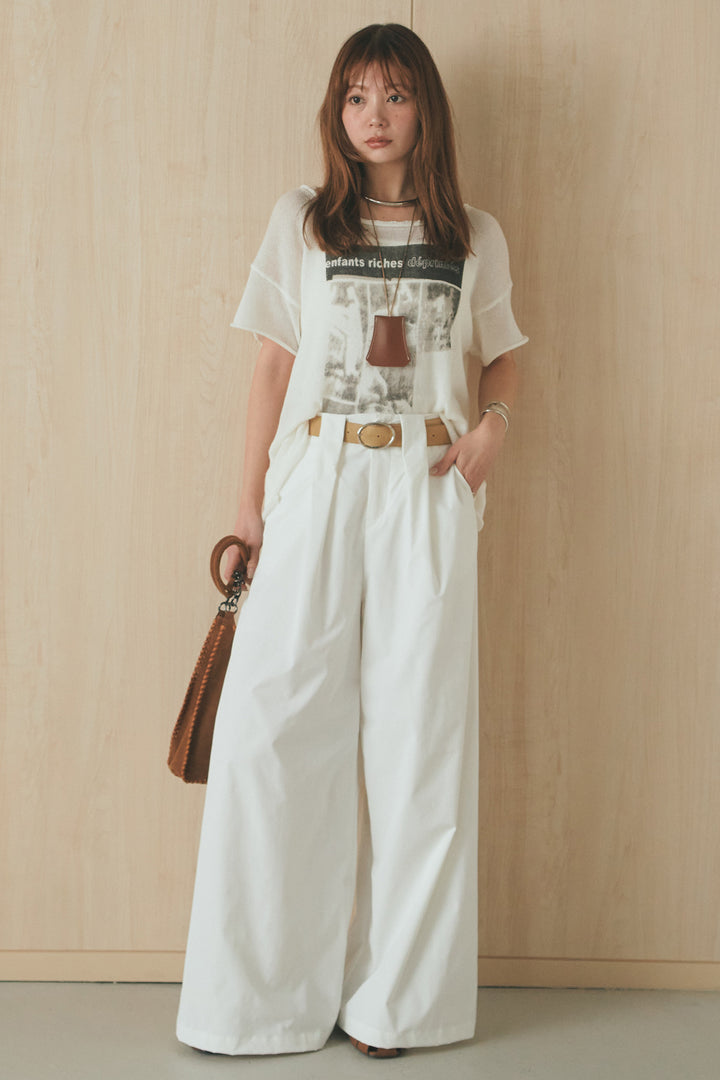 [SET]半袖モノトーングラフィックトップス+ベルトループデザインハイウエストタックパンツ(2set)