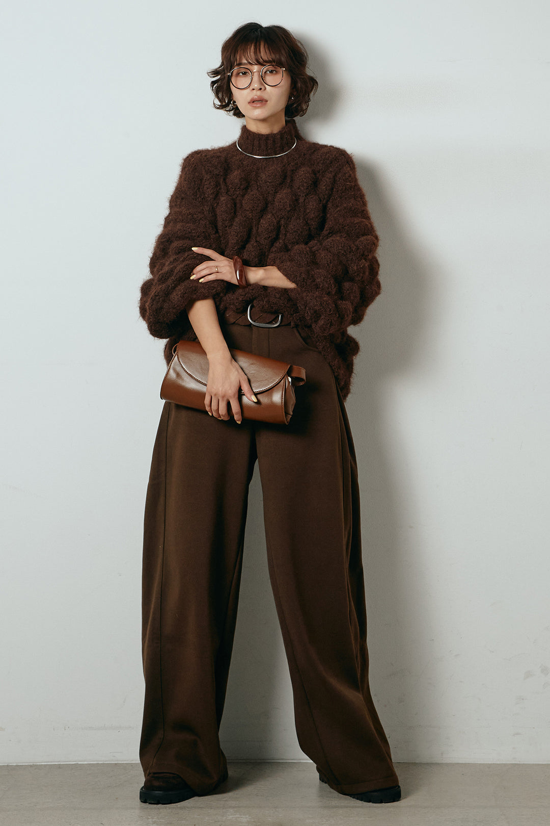 [SET]ボリュームポップコーンニットトップス+編みベルト付きワイドパンツ(2set)