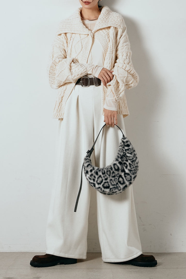 [SET]ビッグカラーケーブル編みニットトップス+2WAY袖コード刺繍クルーネックプルオーバー+フェイクレザー太ベルト付きタックワイドパンツ(3set)