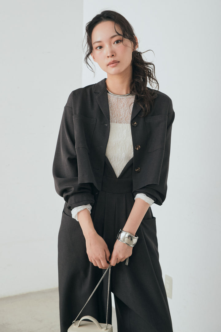 [SET]バックジップデザインショートツイルジャケット+キャミロングオールインワン+ストレッチレースクルーネックインナー(3set)