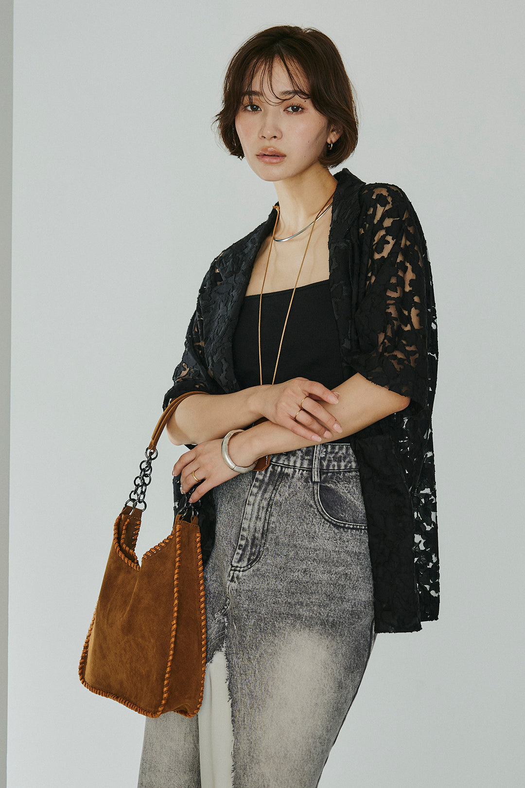 [SET]シアージャガードハーフスリーブテーラードジャケット+サテン切り替えデニムスカート(2set)