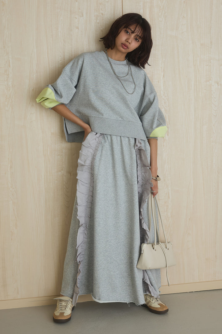 [SET]アームパッチスウェットプルオーバー+ビッグフリルスウェットロングスカート(2set)