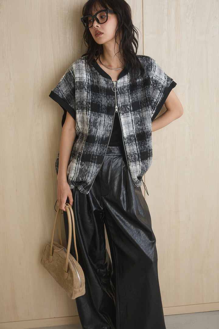 [SET]シャギーチェックベストブルゾン+レザーライクタックワイドパンツ(2set)