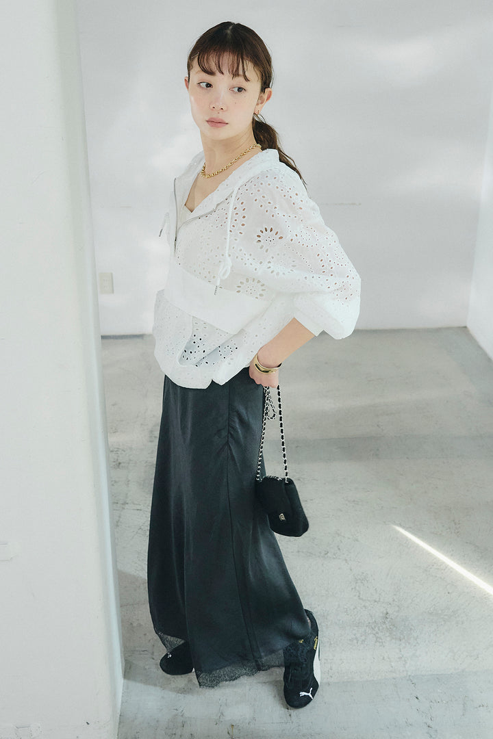 [SET]レースハーフジップアップフーディー+バイアスナローサテンスカート(2set)